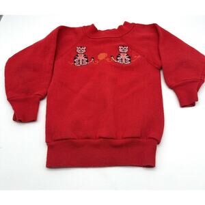 Vintage Kids Pannill Red Embroidered Cat Pullover Sweatshirt Size S 3-4